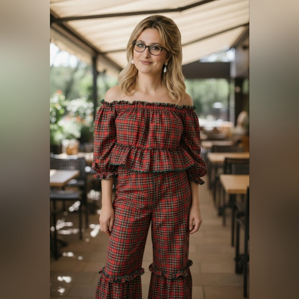 Funky Red Plaid Ruffle Two-Piece Lounge Set or Pajamas Bohemian KIDCORE MEDIUM